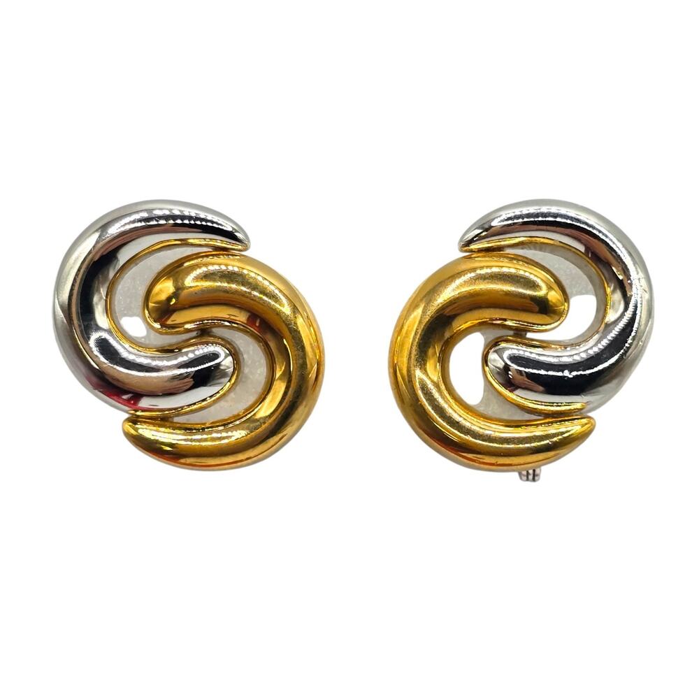 Earrings Vintage Monet Swirl Interlocked Double C Modernist 80s Clip On SKU 3348